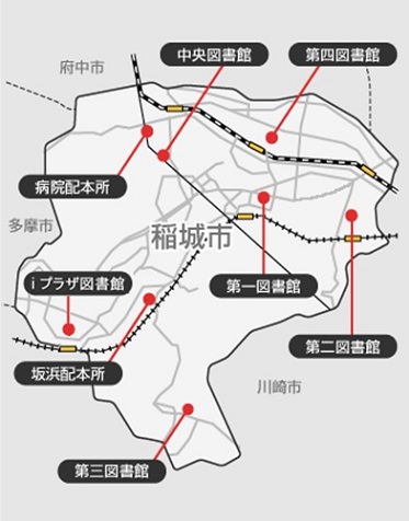 稲城市内の各図書館・配本所の位置を示した地図